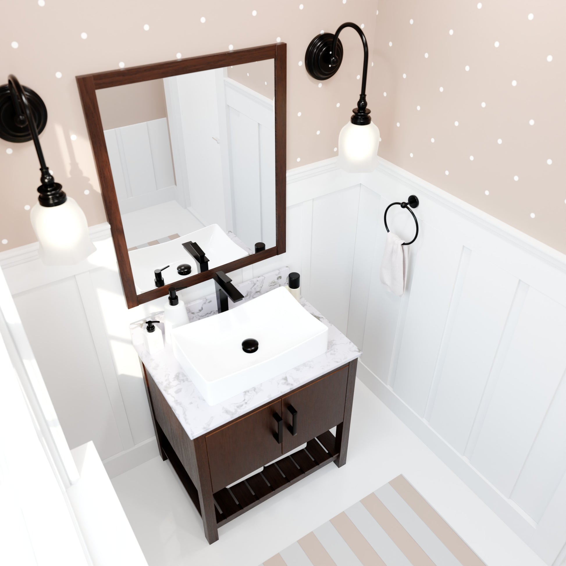 30-inch Novatto bath vanity with café mocha quartz countertop and integrated sink, shown with mirror and accessories.