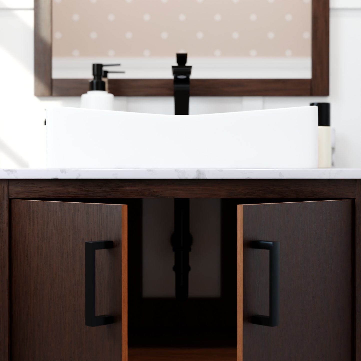 30-inch Novatto bath vanity with café mocha quartz countertop and integrated sink, shown with mirror and accessories.