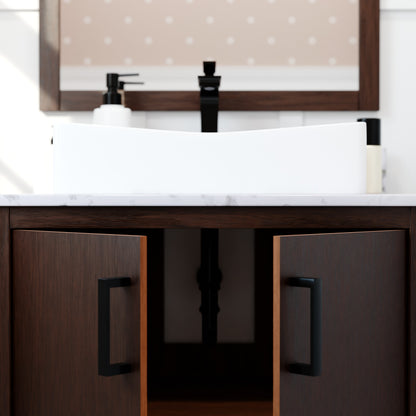 30-inch Novatto bath vanity with café mocha quartz countertop and integrated sink, shown with mirror and accessories.