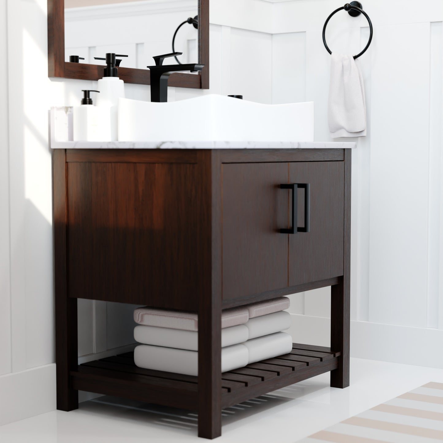 Novatto 30-inch bath vanity with café mocha quartz countertop and sink, featuring sleek design and modern bathroom accessory.