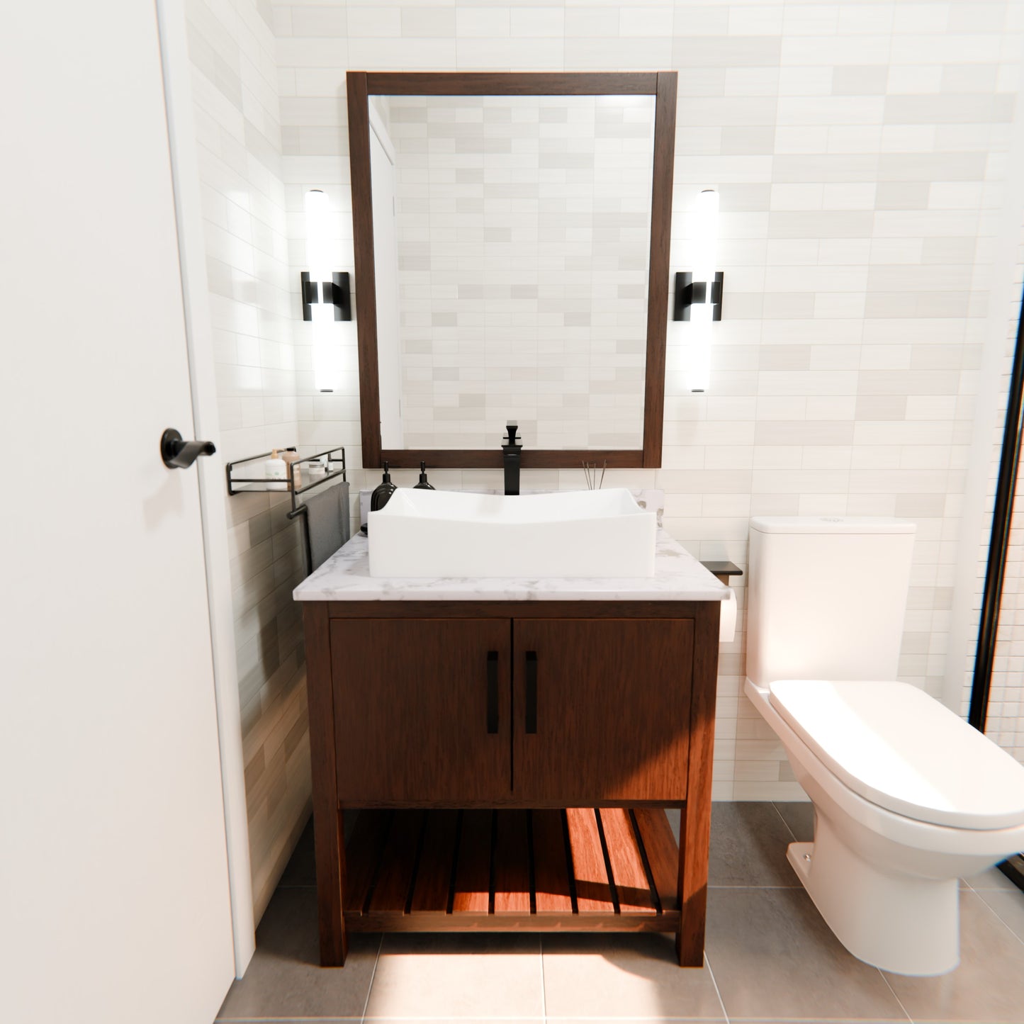 30-inch Novatto bath vanity with café mocha quartz countertop and sink, showcasing a modern bathroom accessory.