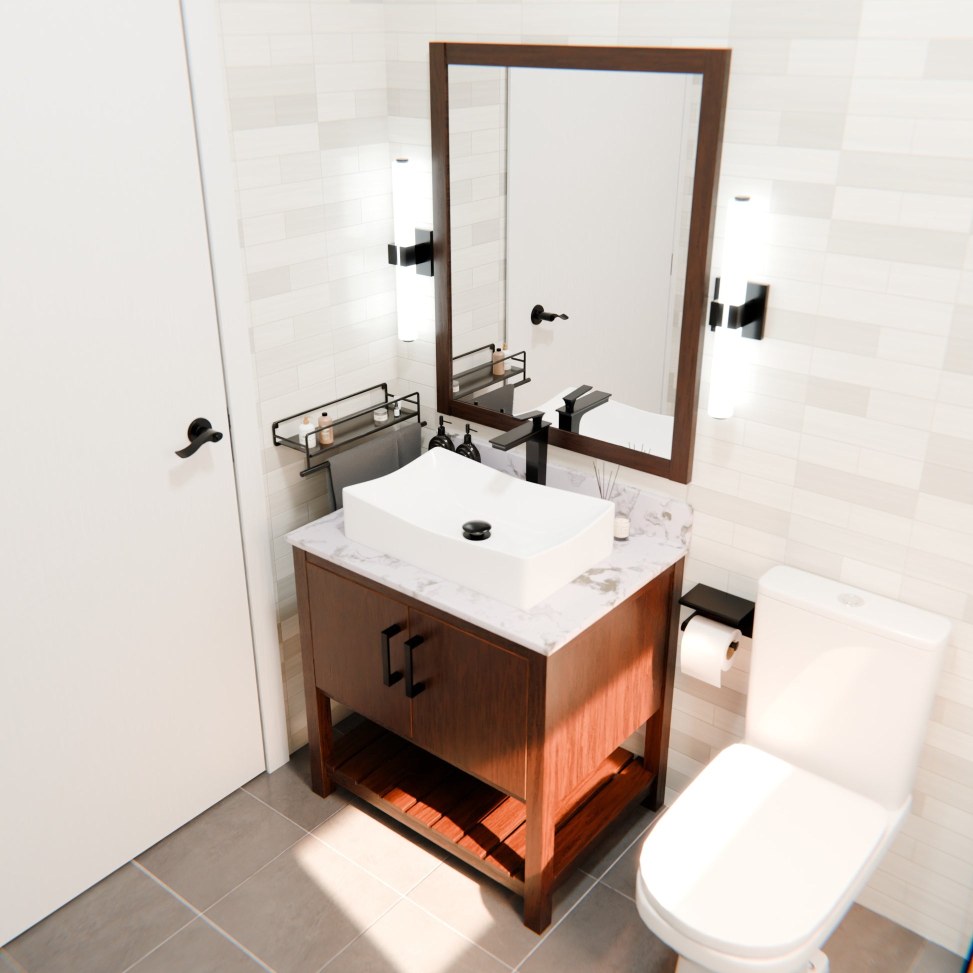 30-inch Novatto bath vanity with café mocha quartz countertop and integrated sink, showcasing a modern bathroom accessory.
