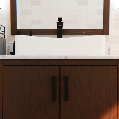 Novatto 30-inch bath vanity with café mocha quartz countertop and integrated sink, shown with mirror and accessories.