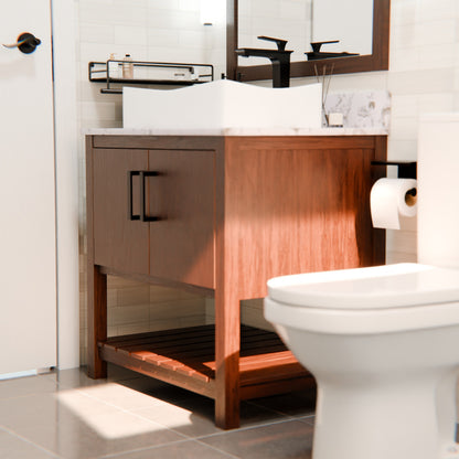 Novatto 30-inch bath vanity with café mocha quartz countertop and integrated sink, shown with accessories and mirror.