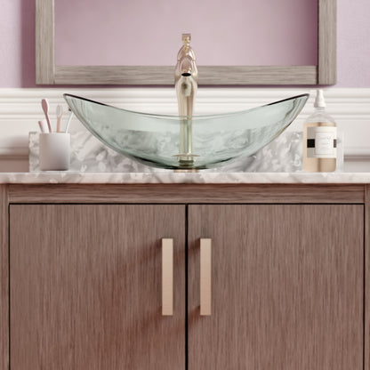 Clear oval tempered glass vessel bathroom sink by Novatto, modern design with sleek, transparent glass surface.