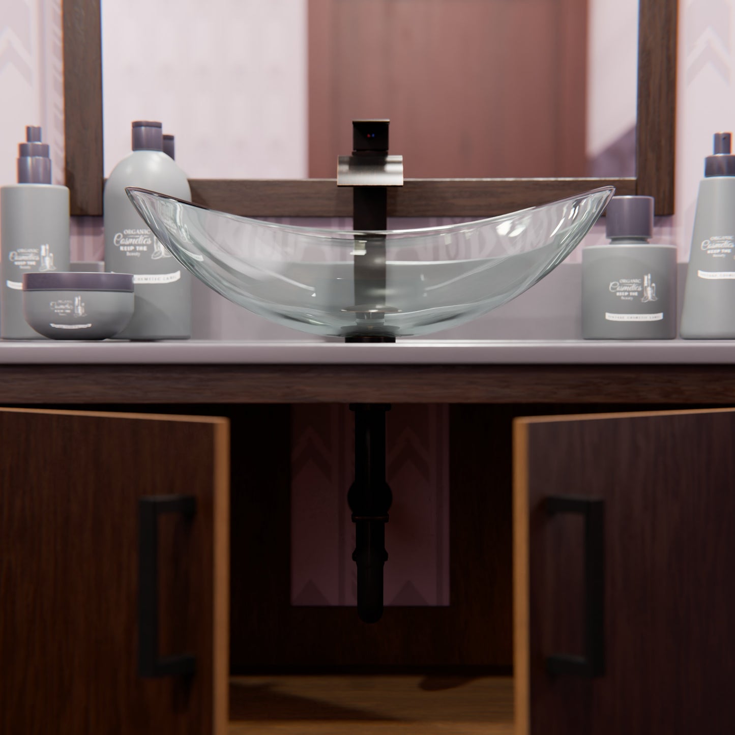 Clear oval tempered glass vessel bathroom sink by Novatto, modern design with smooth, rounded shape for contemporary bathrooms.