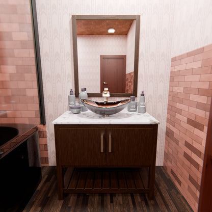 Novatto 30-inch bath vanity with café mocha quartz countertop and sink, showcasing modern bathroom accessory design.