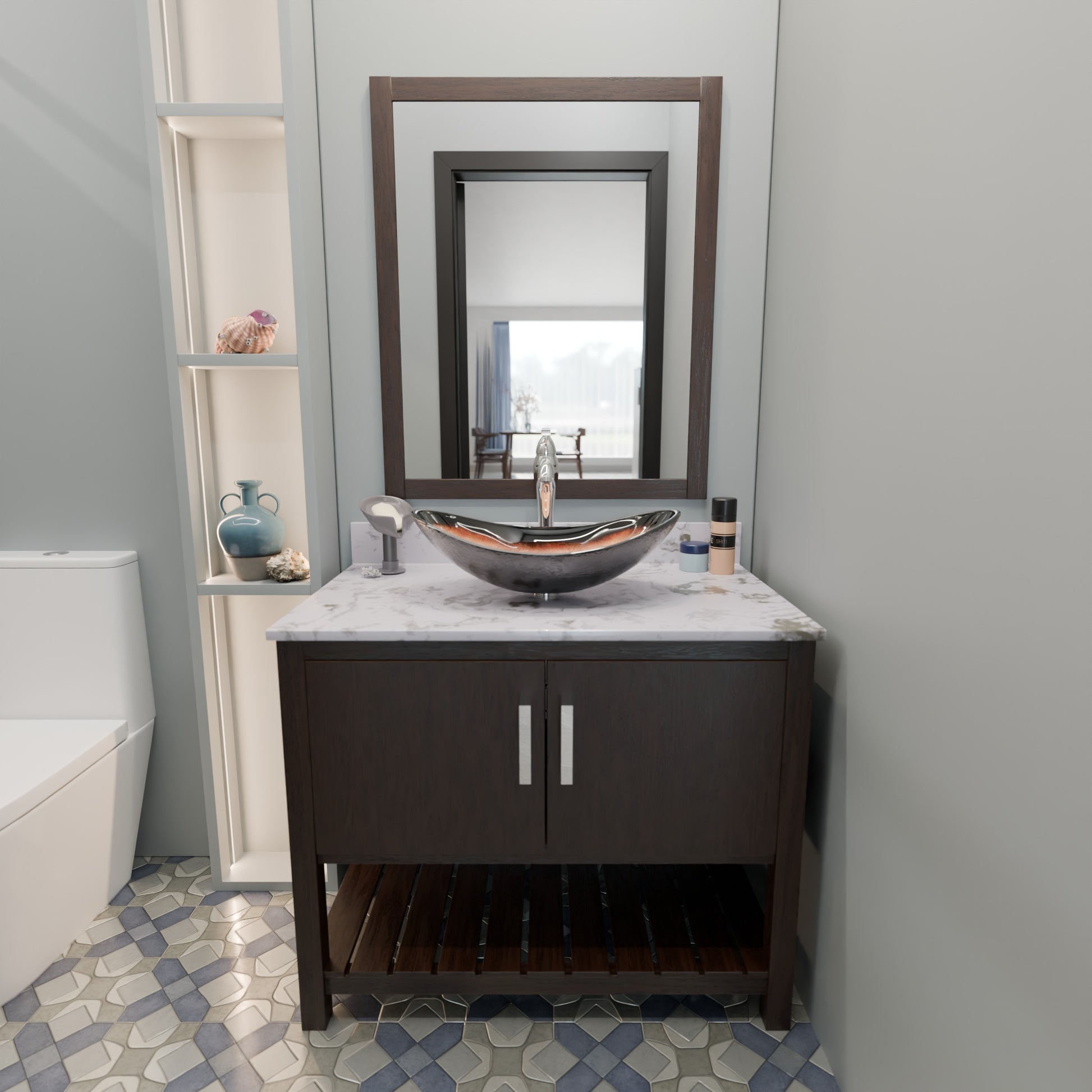 Novatto 30-inch bath vanity with café mocha quartz countertop and sink, showcasing a modern bathroom accessory.