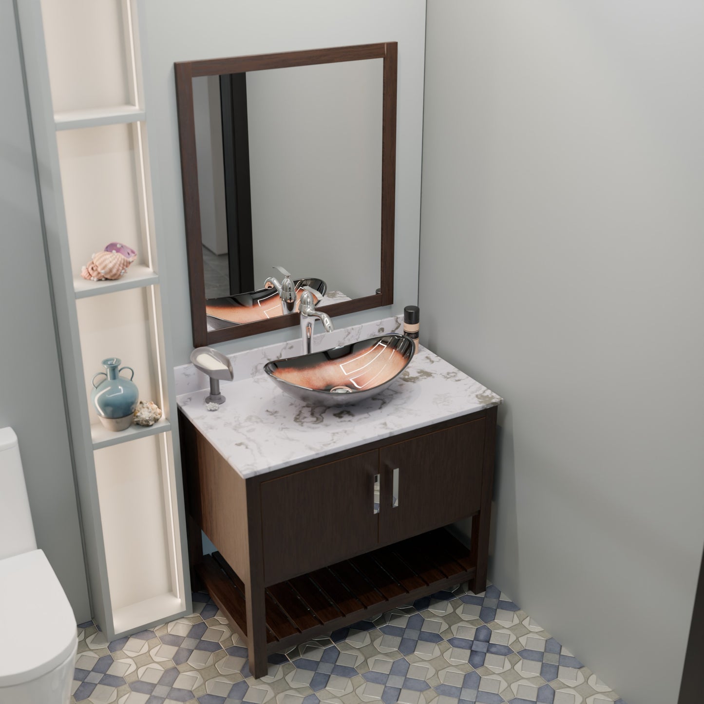 Novatto 30-inch bath vanity with café mocha quartz counter and sink, showcasing the elegant bathroom accessory.