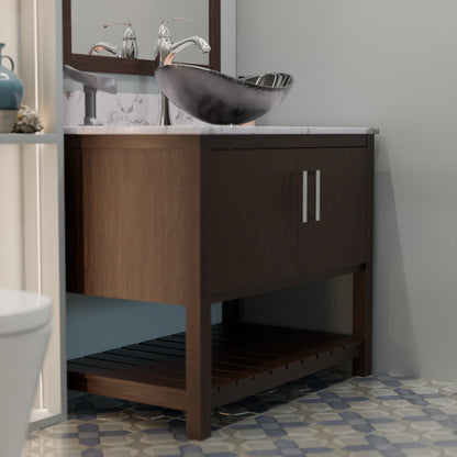 30-inch Novatto bath vanity with café mocha quartz countertop and integrated sink, showcasing modern bathroom accessory design.