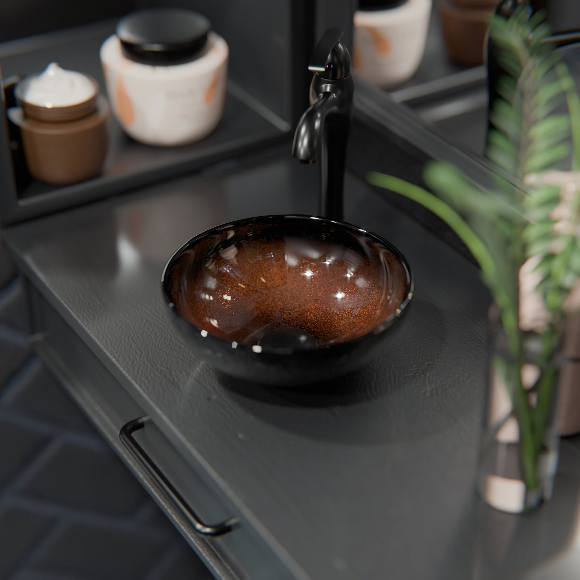 Mini 12-inch black and copper round glass vessel sink by Novatto, transitional bathroom decor with sleek, modern design.