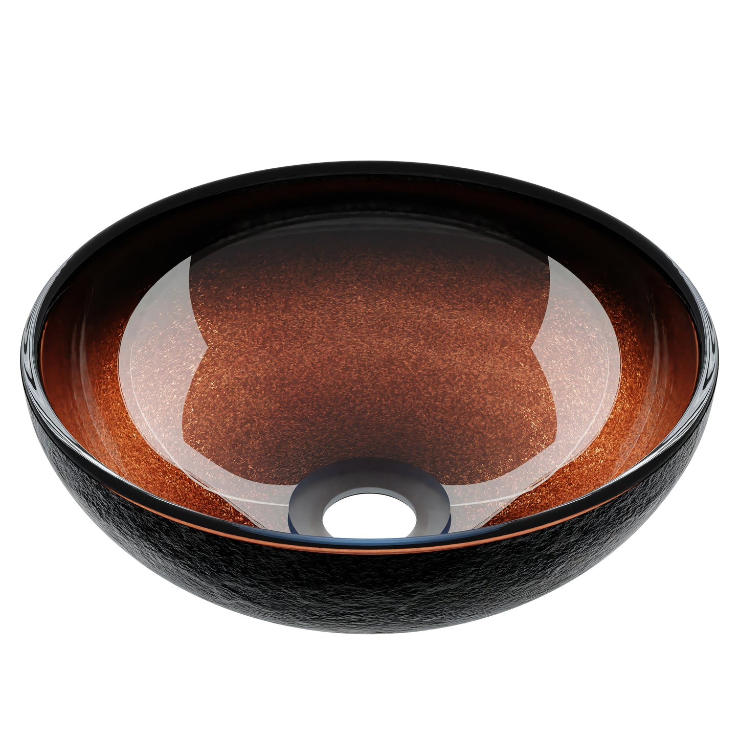 Mini 12-inch black and copper round glass vessel sink by Novatto, ideal for transitional bathroom decor.