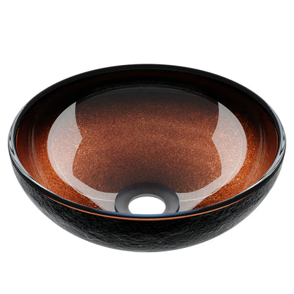 Mini 12-inch black and copper round glass vessel sink by Novatto, ideal for transitional bathroom decor.