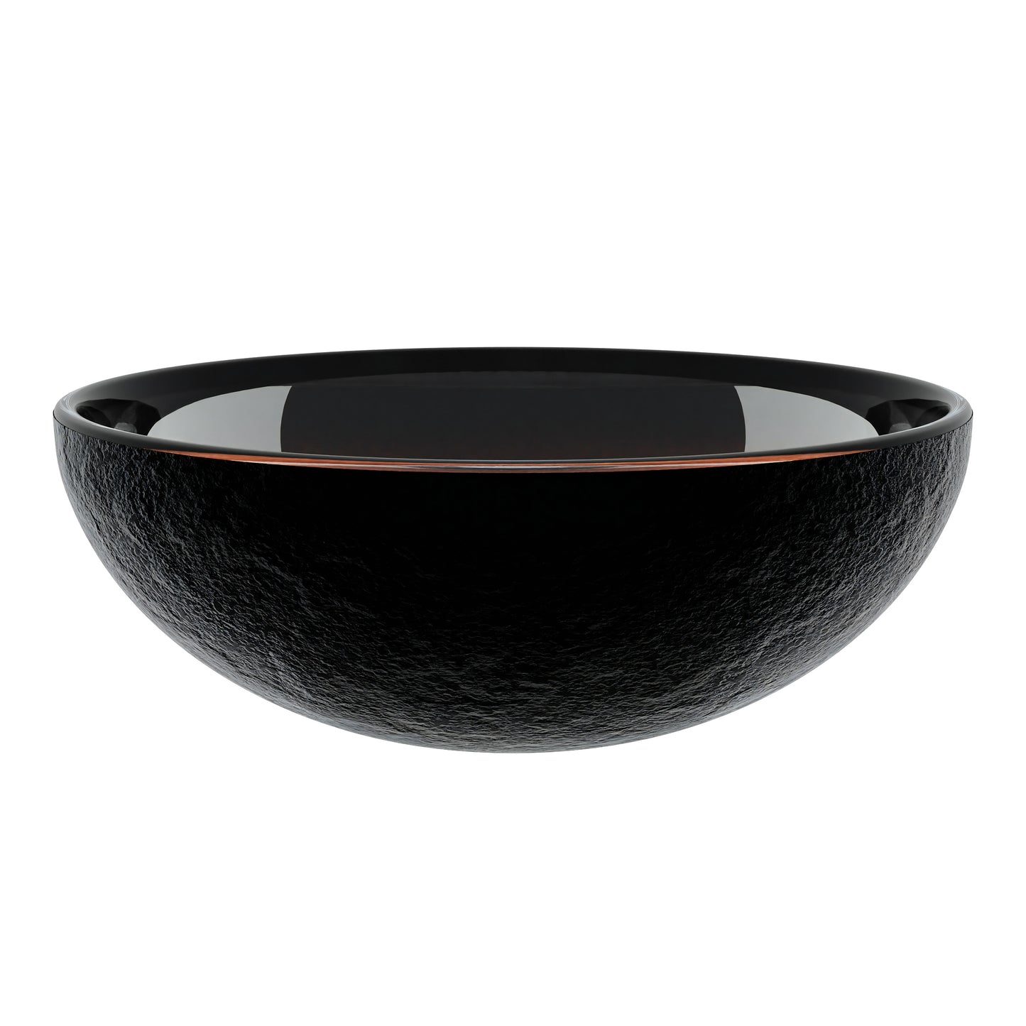 Mini 12-inch black and copper round glass vessel sink by Novatto, ideal for transitional bathroom decor.