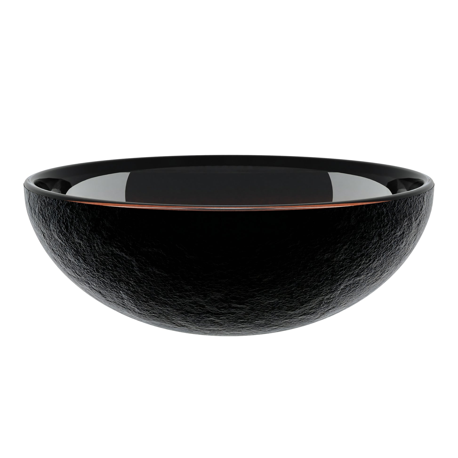 Mini 12-inch black and copper round glass vessel sink by Novatto, ideal for transitional bathroom decor.