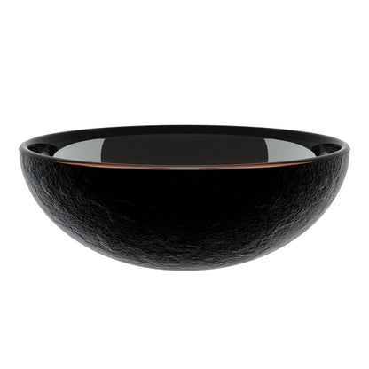 Mini 12-inch black and copper round glass vessel sink by Novatto, ideal for transitional bathroom decor.