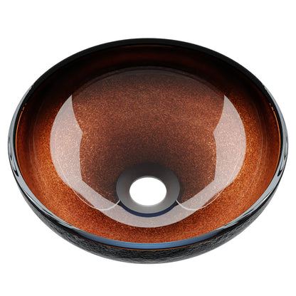 Mini 12-inch black and copper round glass vessel sink by Novatto, transitional bathroom sink with sleek modern design.