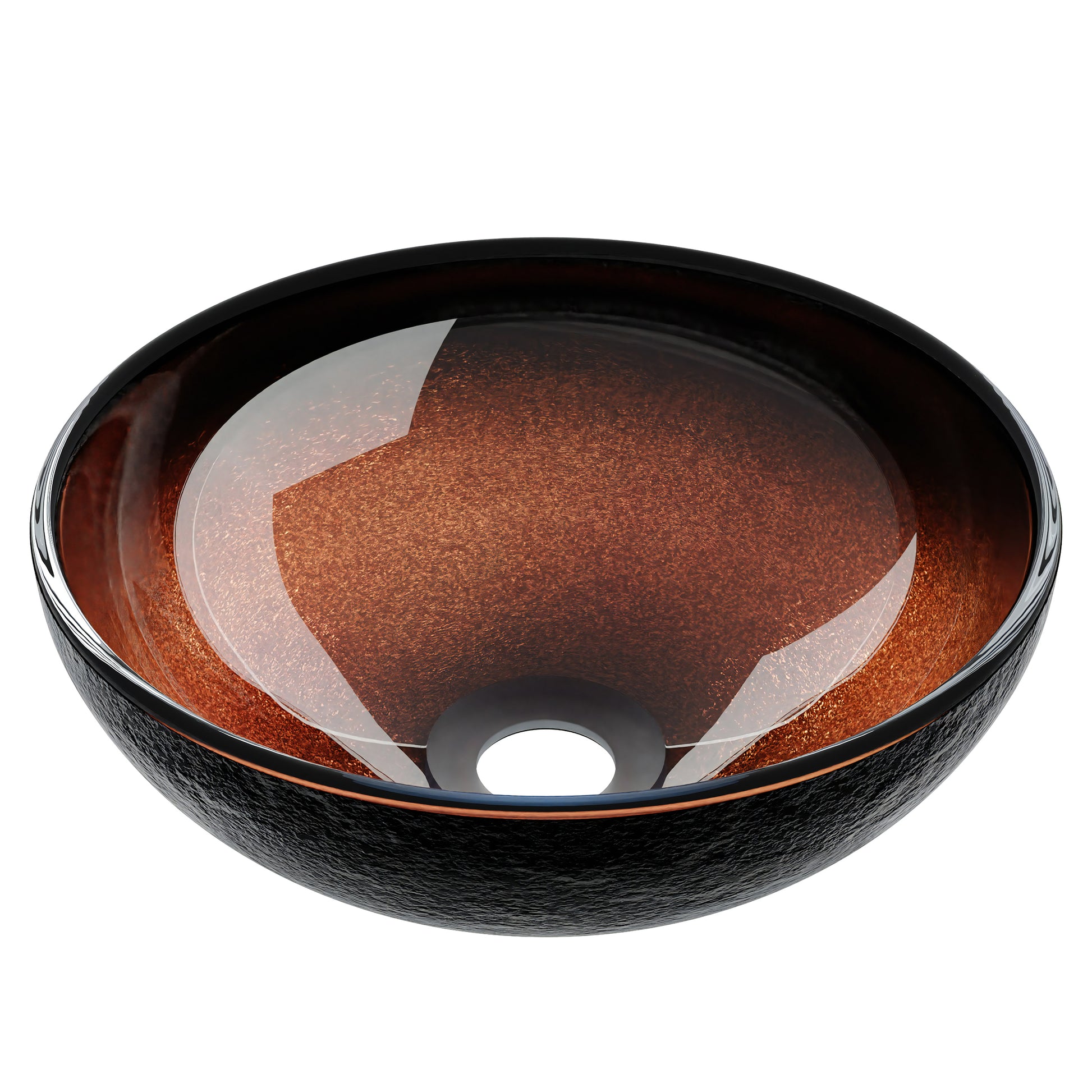 Mini 12-inch black and copper round glass vessel sink by Novatto, ideal for transitional bathrooms, shown in a sleek modern setting.