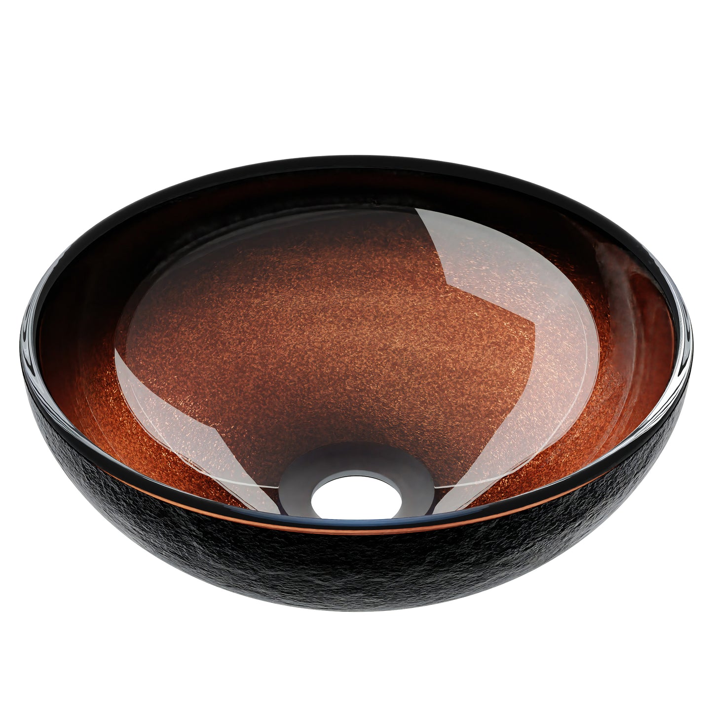 Black and copper round glass vessel sink by Novatto, 12-inch transitional bathroom sink with sleek glass surface.