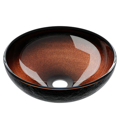Black and copper round glass vessel sink by Novatto, 12-inch transitional bathroom sink with sleek glass surface.