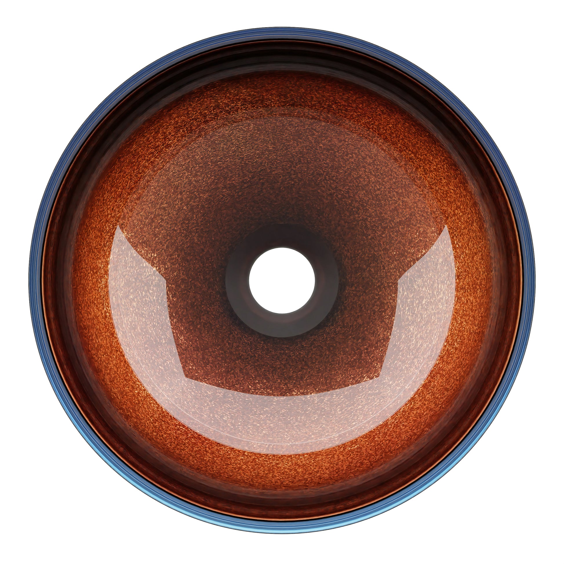 Mini 12-inch black and copper glass vessel sink by Novatto, round transitional bathroom sink with sleek modern design.