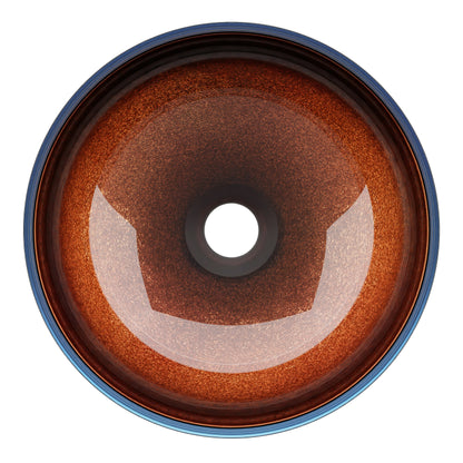 Mini 12-inch black and copper glass vessel sink by Novatto, round transitional bathroom sink with sleek modern design.
