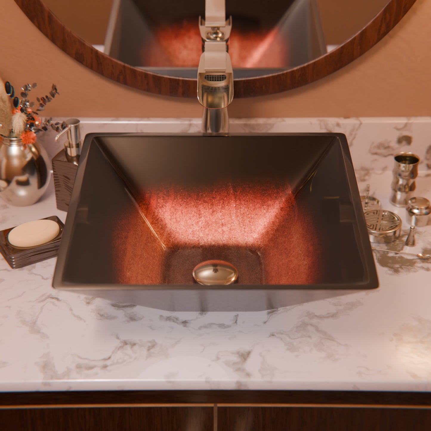 Modern copper and black square glass vessel bathroom sink by Novatto, with sleek, contemporary design and smooth glass surface.