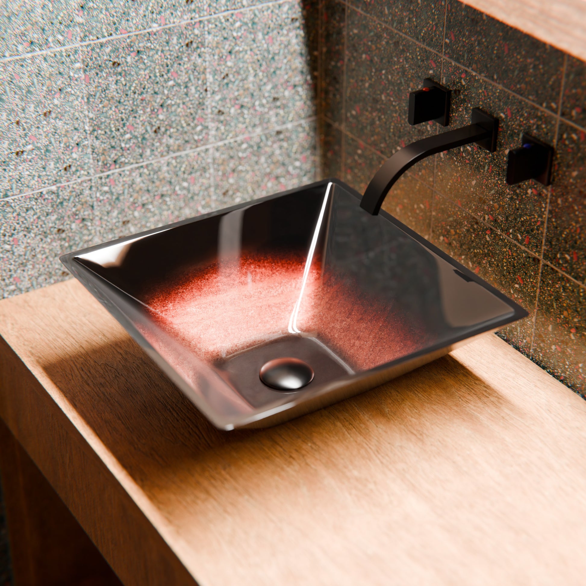 Modern copper and black square glass vessel bathroom sink by Novatto, featuring a sleek design with wood accents.