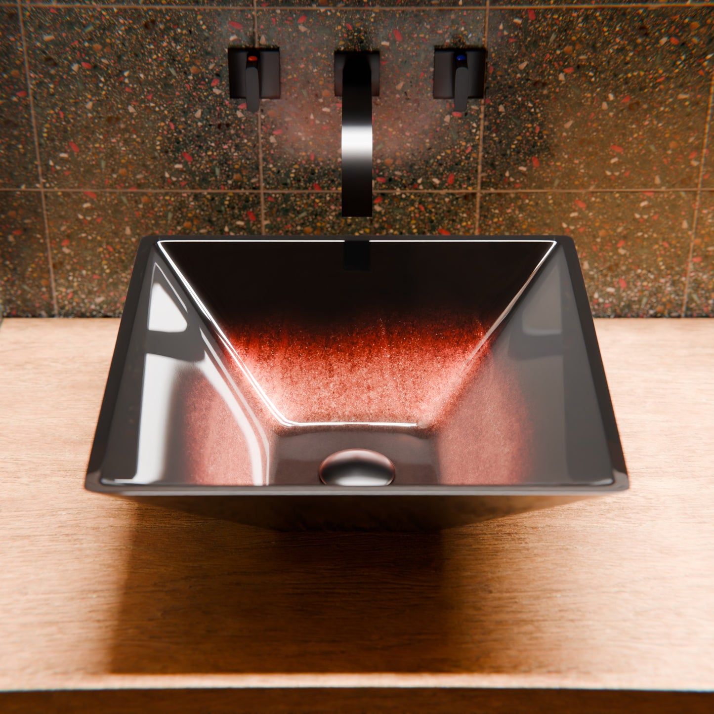 Modern copper and black square glass vessel bathroom sink by Novatto with sleek, contemporary design and wood accents.