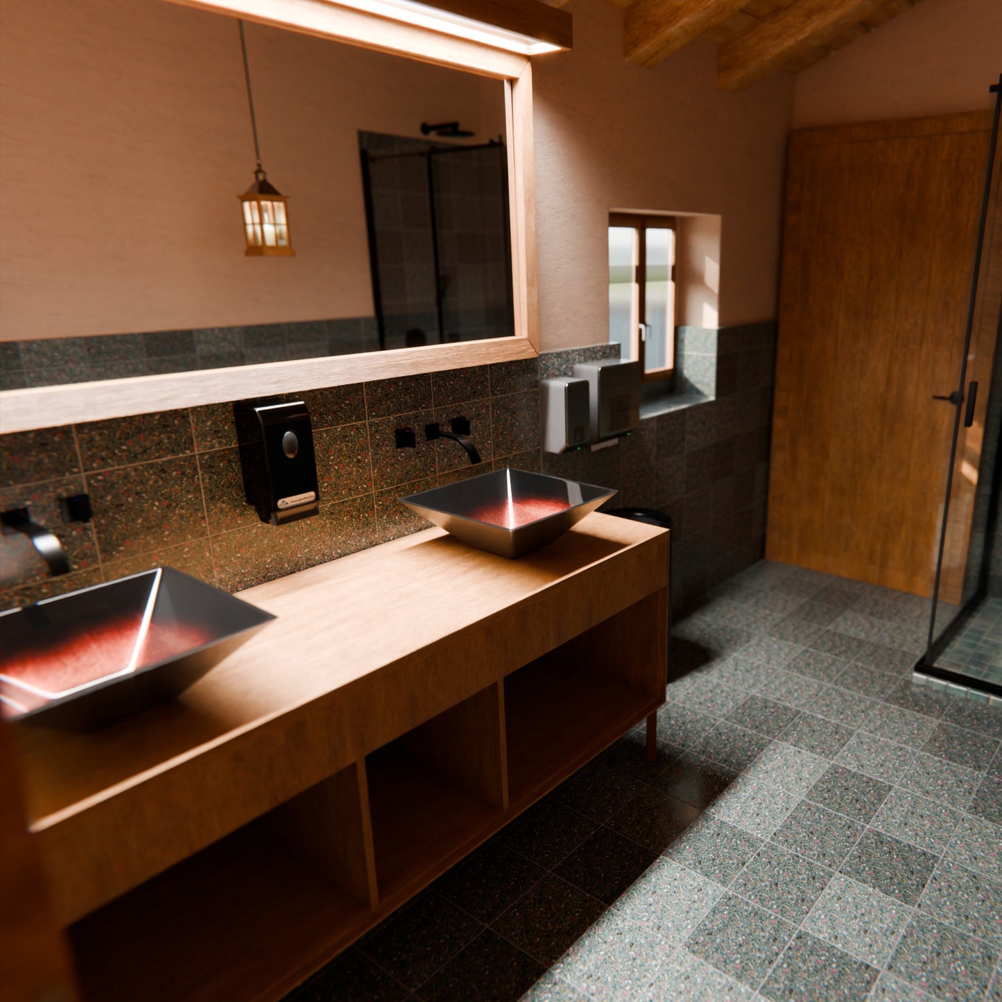 Modern copper and black square glass vessel bathroom sink by Novatto with wood accents, stylish and sleek design.