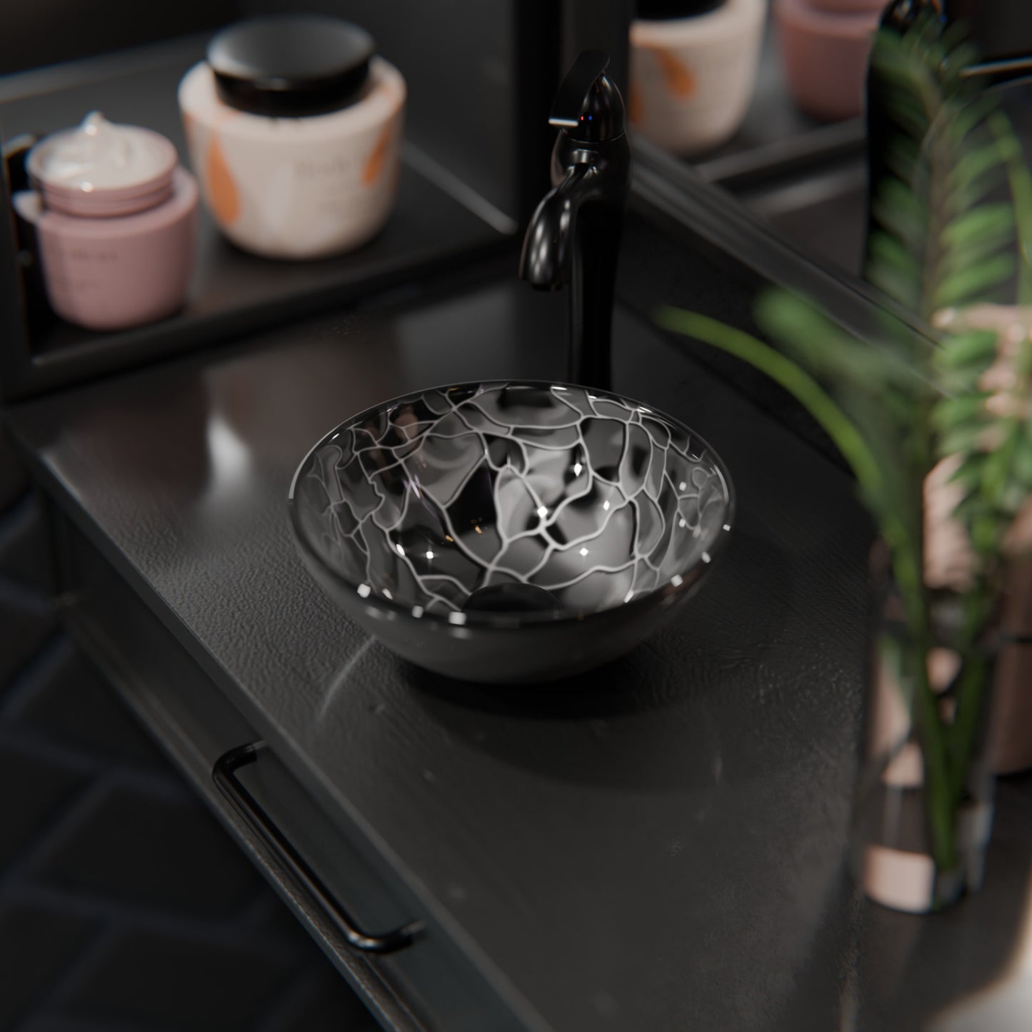 Mini 12" Hand Painted Black and Silver Glass Vessel Sink NOHP-G012-12