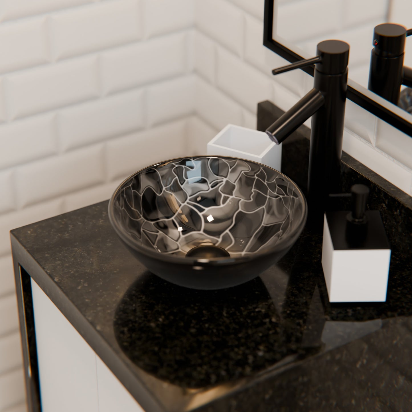 Mini 12" Hand Painted Black and Silver Glass Vessel Sink NOHP-G012-12