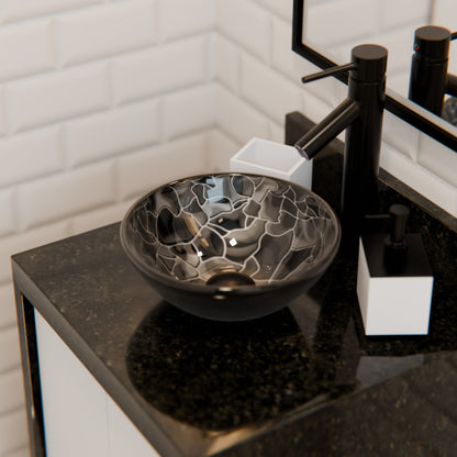 Mini 12" Hand Painted Black and Silver Glass Vessel Sink NOHP-G012-12