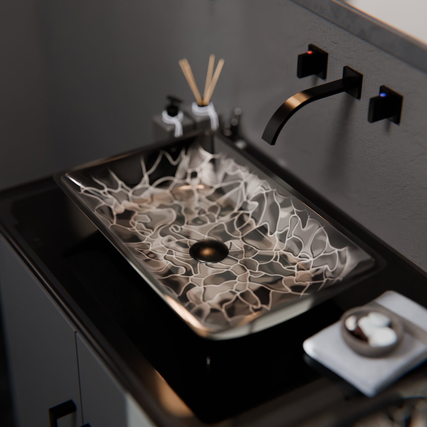 Modern black and silver rectangle glass vessel sink by Novatto, hand painted for a stylish bathroom centerpiece.