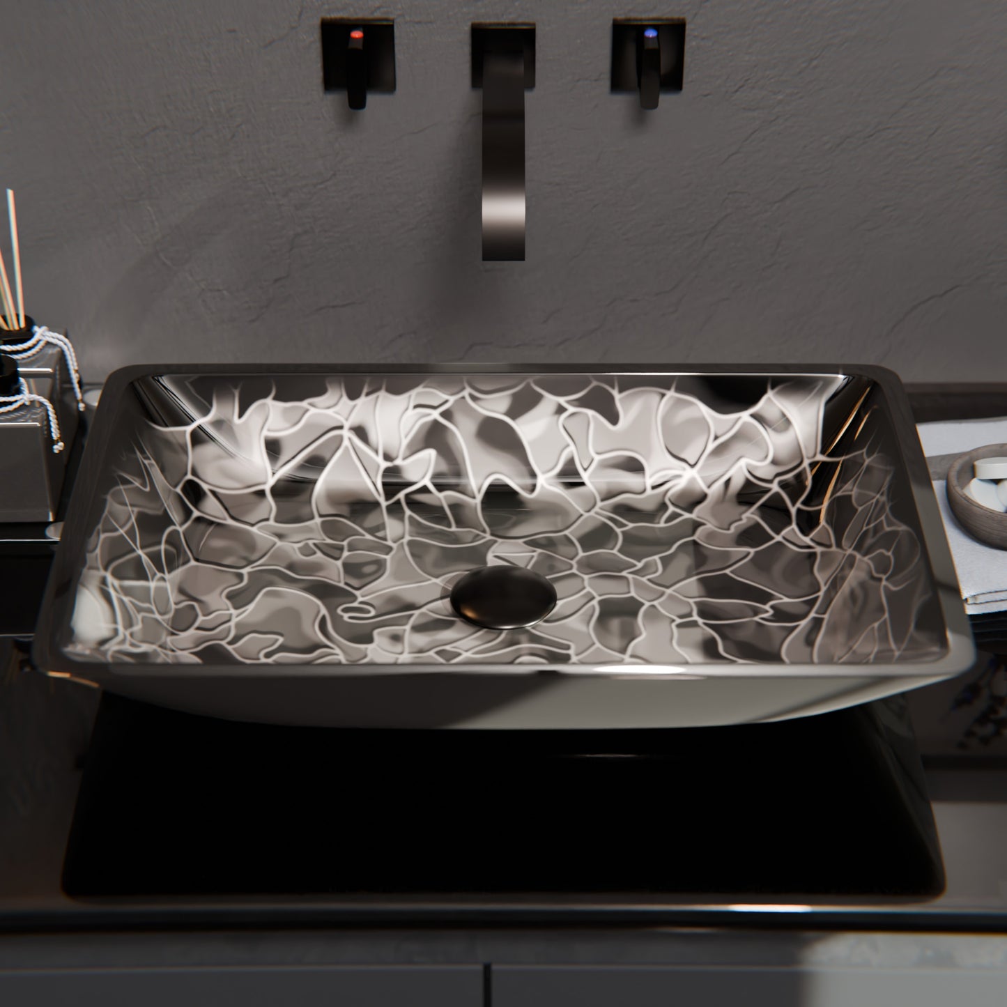 Modern black and silver rectangle glass vessel sink by Novatto with hand-painted dark blue accents, designed for contemporary bathrooms.