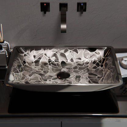 Modern black and silver rectangle glass vessel sink by Novatto with hand-painted dark blue accents, designed for contemporary bathrooms.
