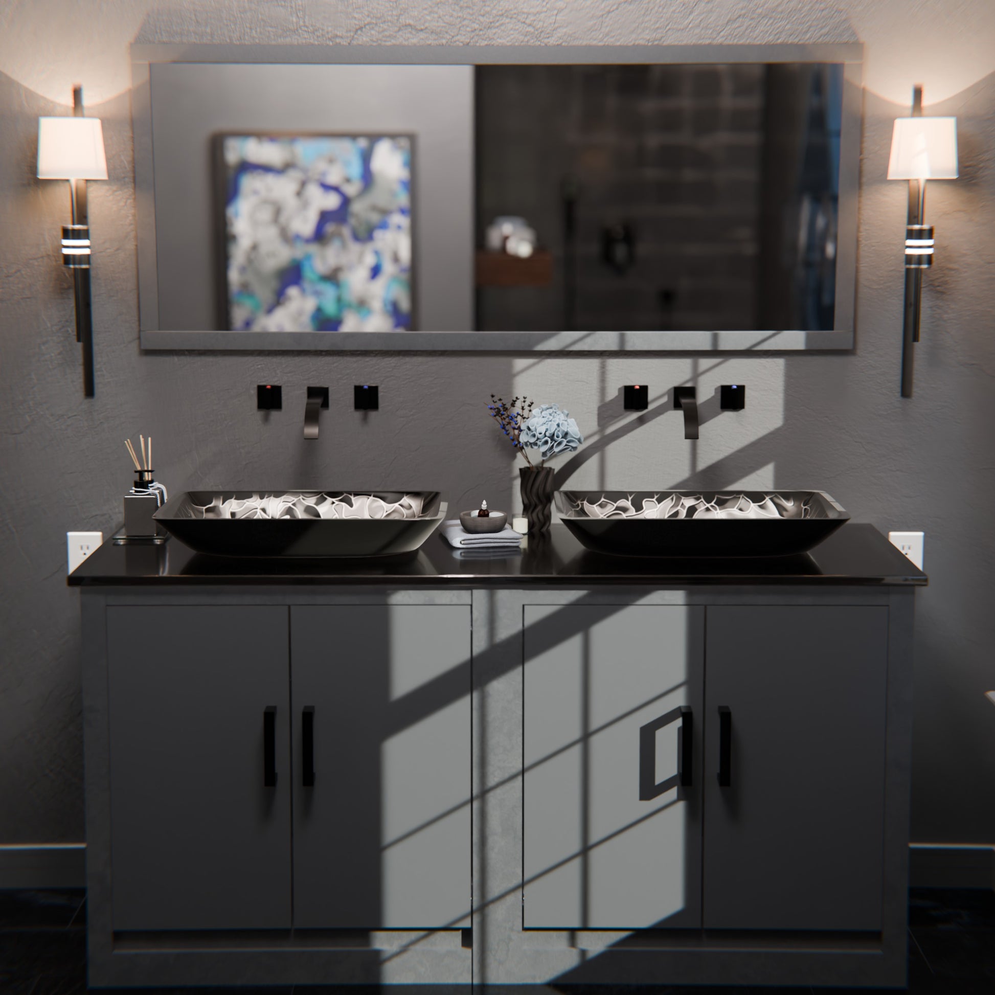Modern black and silver rectangle glass vessel sink by Novatto, hand painted with sleek design for contemporary bathrooms