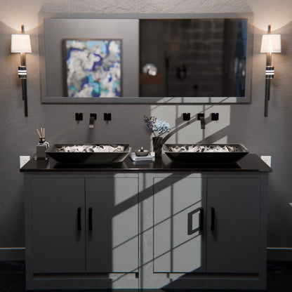 Modern black and silver rectangle glass vessel sink by Novatto, hand painted with sleek design for contemporary bathrooms