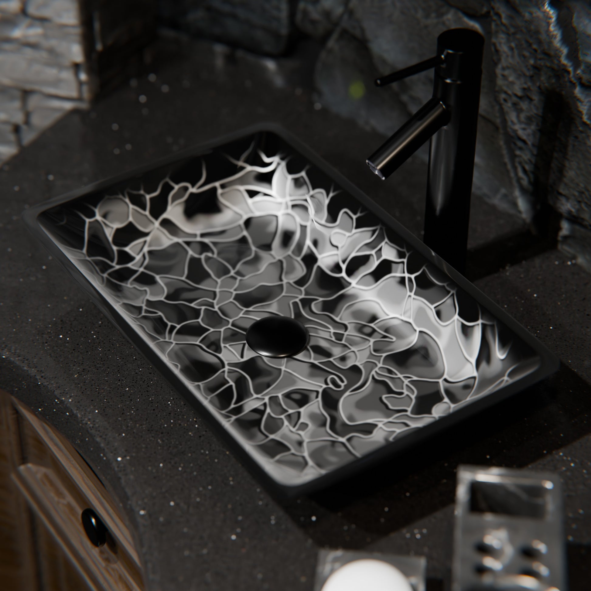 Hand-painted black and silver rectangle glass vessel bathroom sink by Novatto, modern design with sleek, artistic finish.