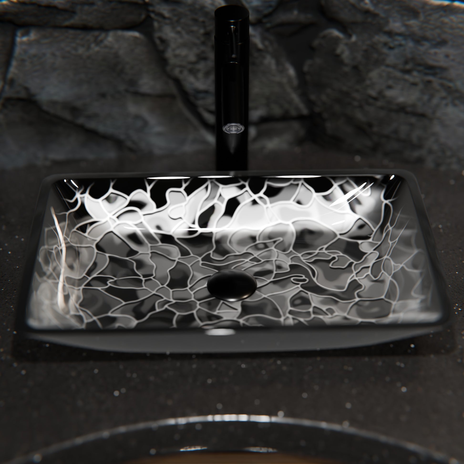 Modern black and silver rectangle glass vessel sink by Novatto, hand painted with a sleek, contemporary design for bathroom use.