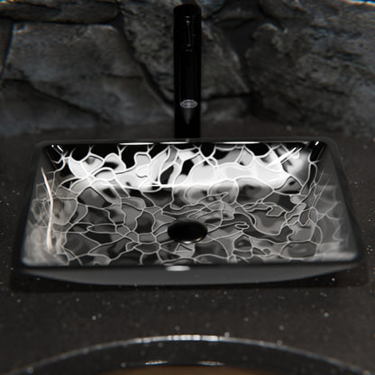 Modern black and silver rectangle glass vessel sink by Novatto, hand painted with a sleek, contemporary design for bathroom use.