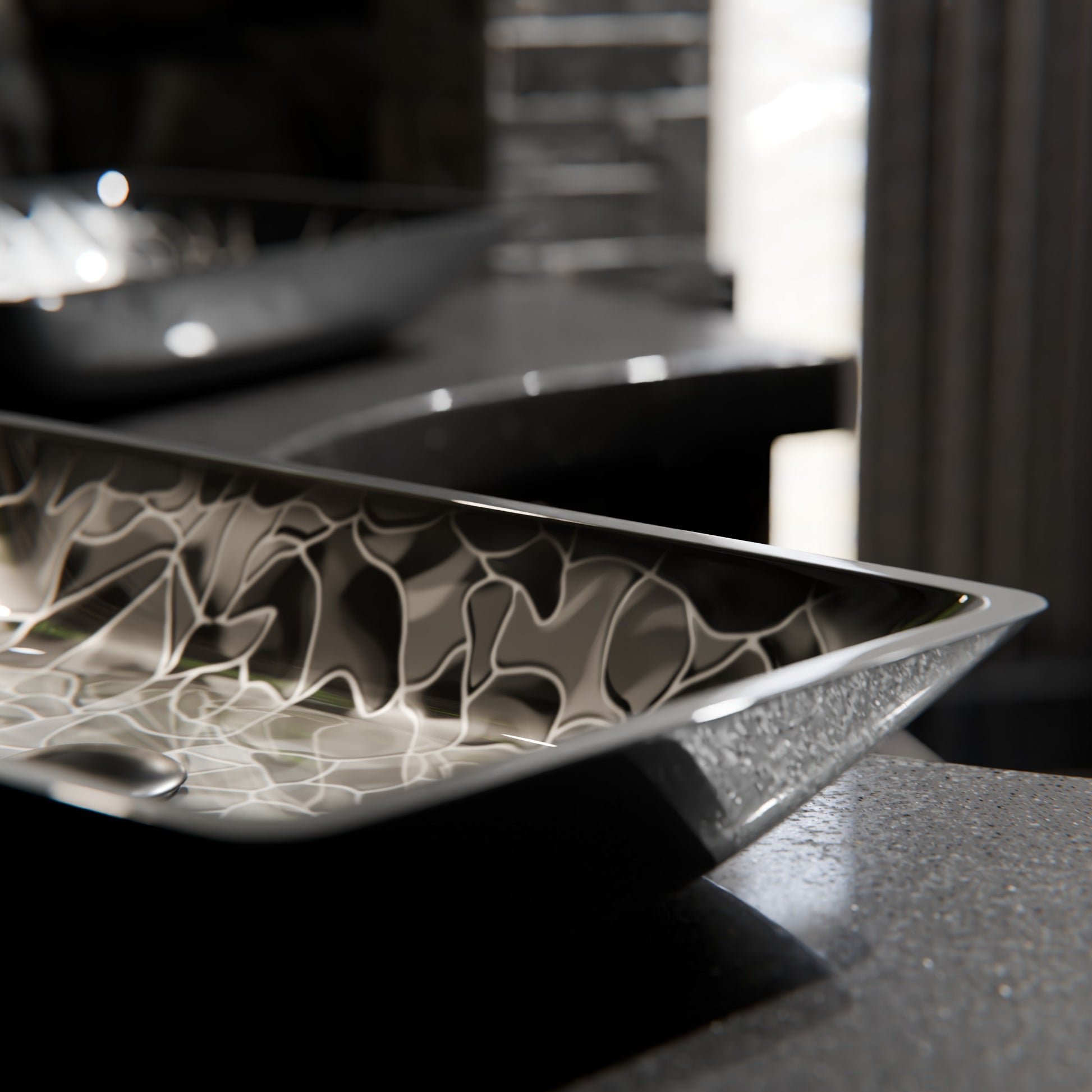 Hand-painted black and silver rectangular glass vessel sink by Novatto, modern bathroom fixture with sleek design and artistic details.