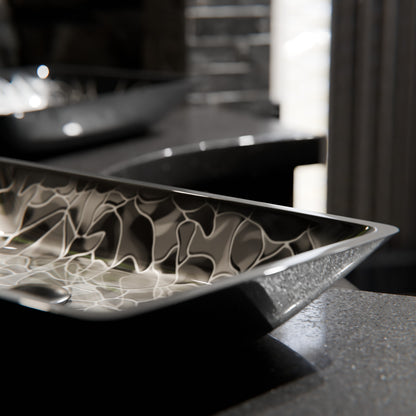 Hand-painted black and silver rectangular glass vessel sink by Novatto, modern bathroom fixture with sleek design and artistic details.