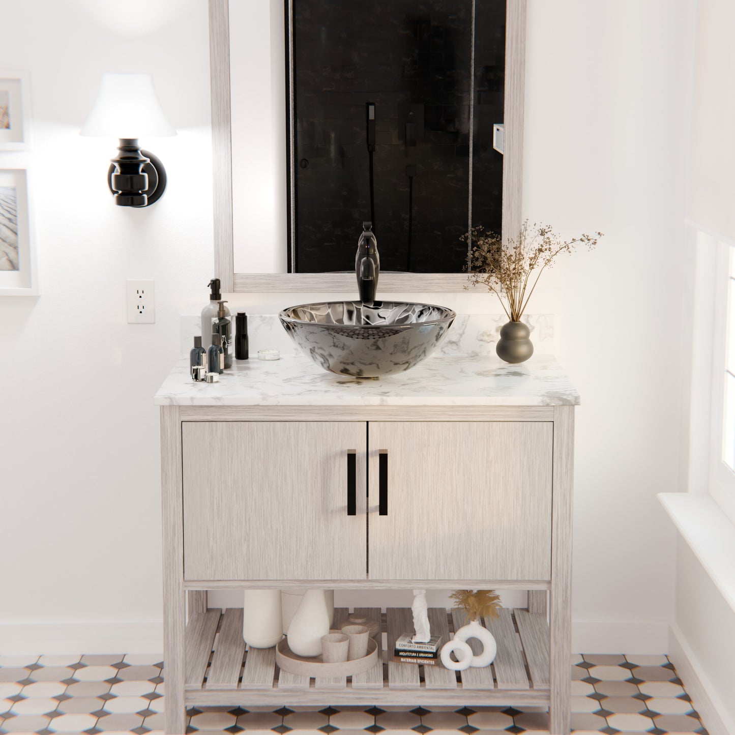 Hand Painted Black and Silver Glass Vessel Sink NOHP-G012