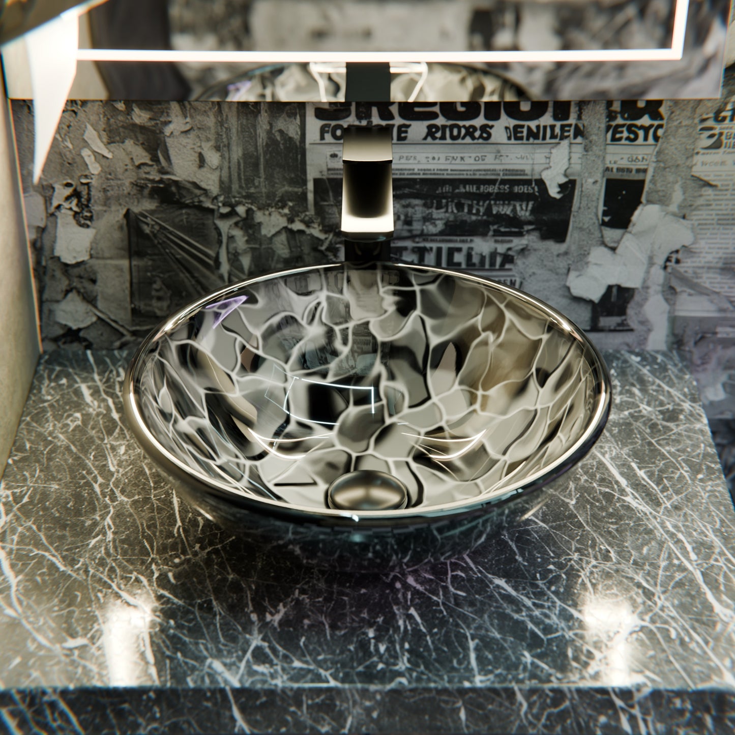 Hand Painted Black and Silver Glass Vessel Sink NOHP-G012