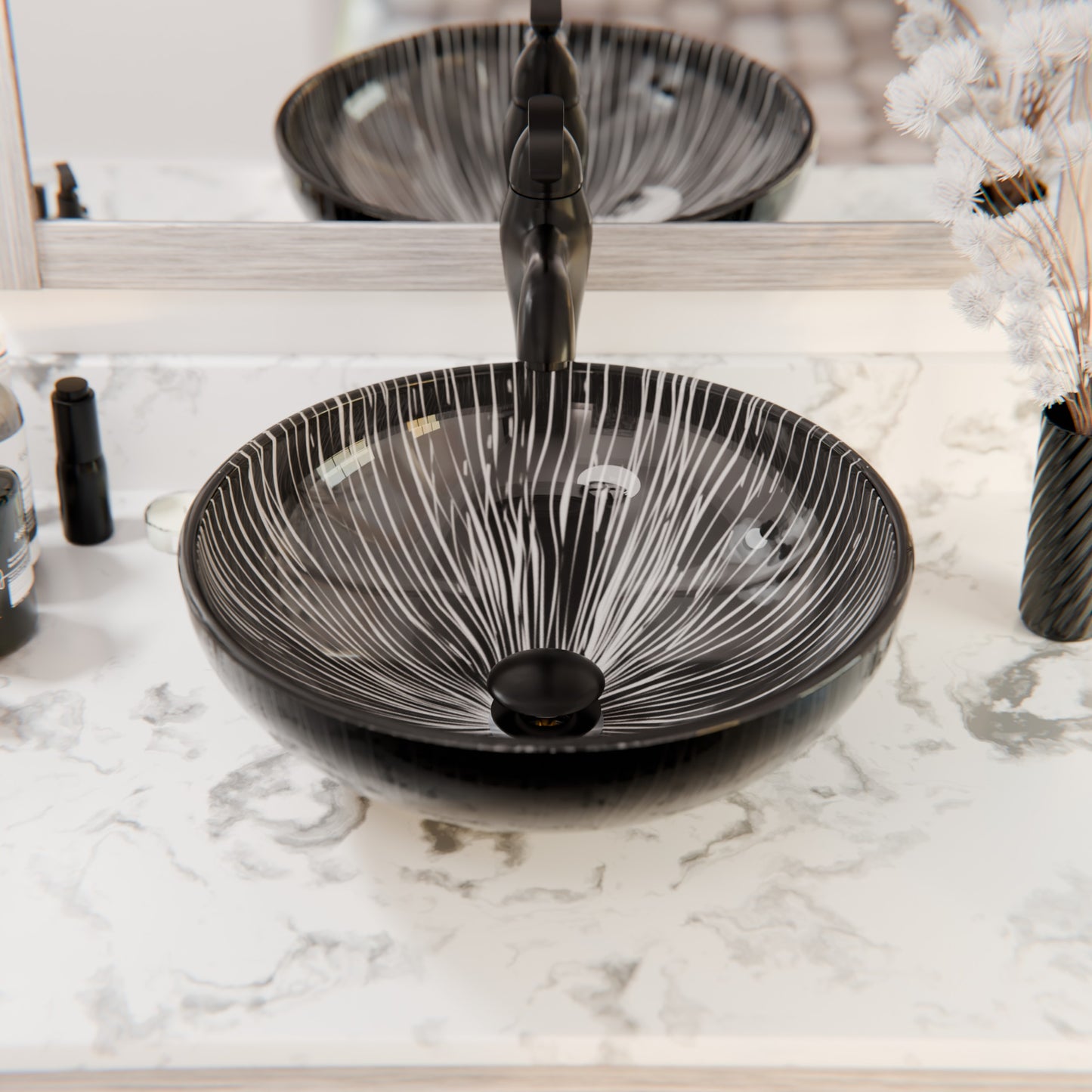 Hand Painted Black and Silver Glass Vessel Sink NOHP-G023