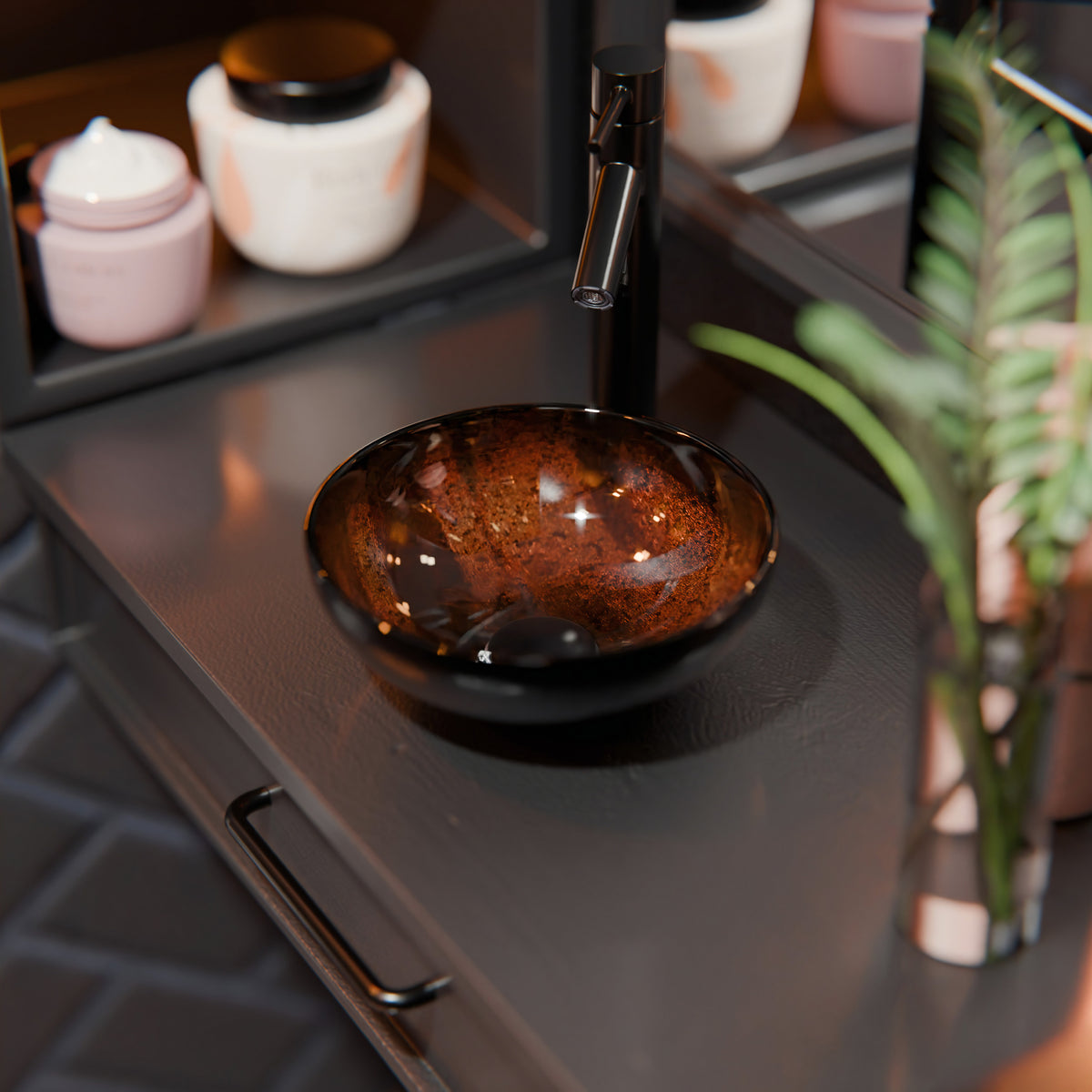 Mini 12-inch hand-painted brown camouflage glass vessel sink by Novatto, modern bathroom sink with a sleek, artistic design.