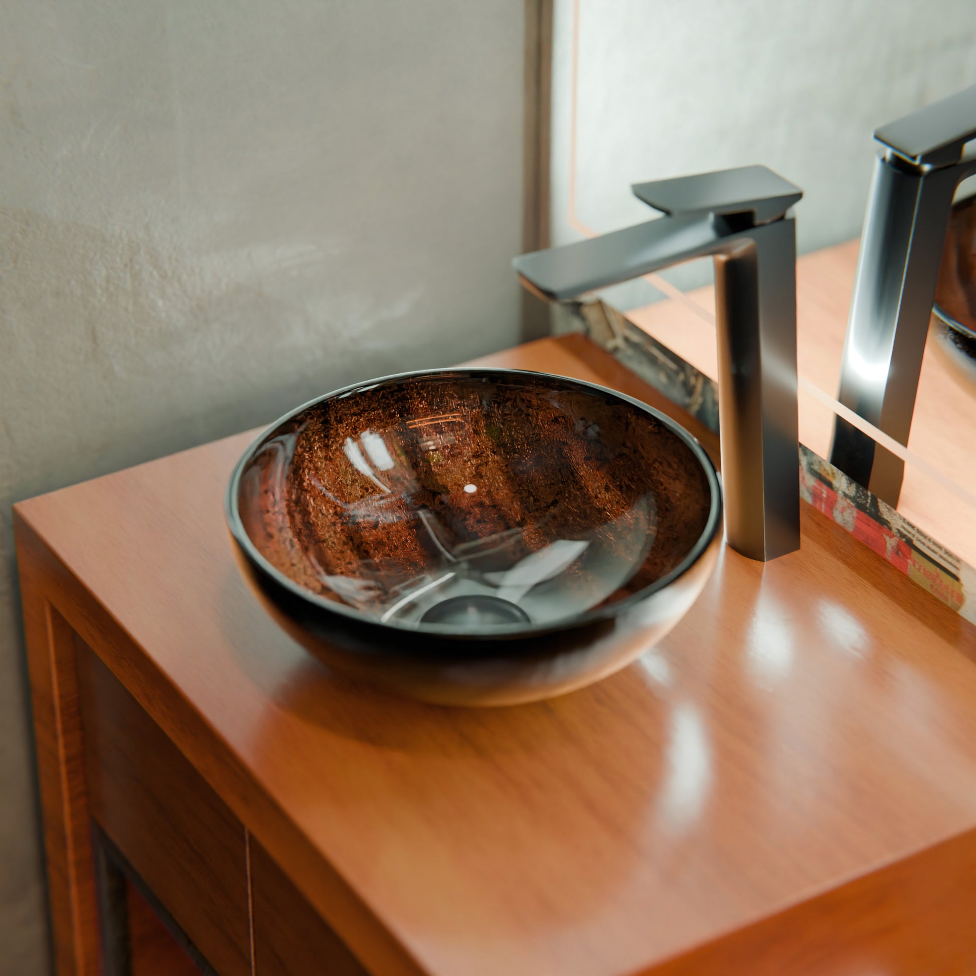 Mini 12-inch hand-painted brown camouflage glass vessel sink by Novatto, modern bathroom design with sleek, artistic style.