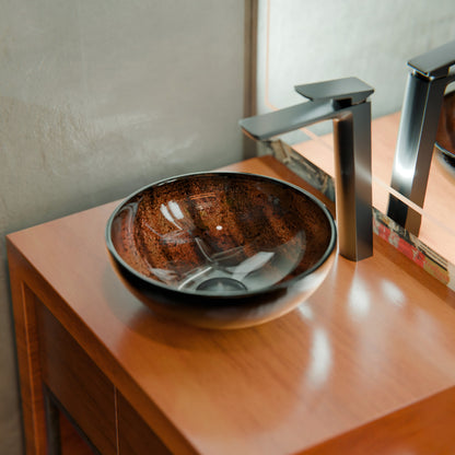 Mini 12-inch hand-painted brown camouflage glass vessel sink by Novatto, modern bathroom design with sleek, artistic style.