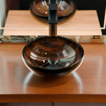 Mini 12-inch Novatto hand-painted brown camouflage glass vessel sink for modern bathrooms, showcasing its unique design.